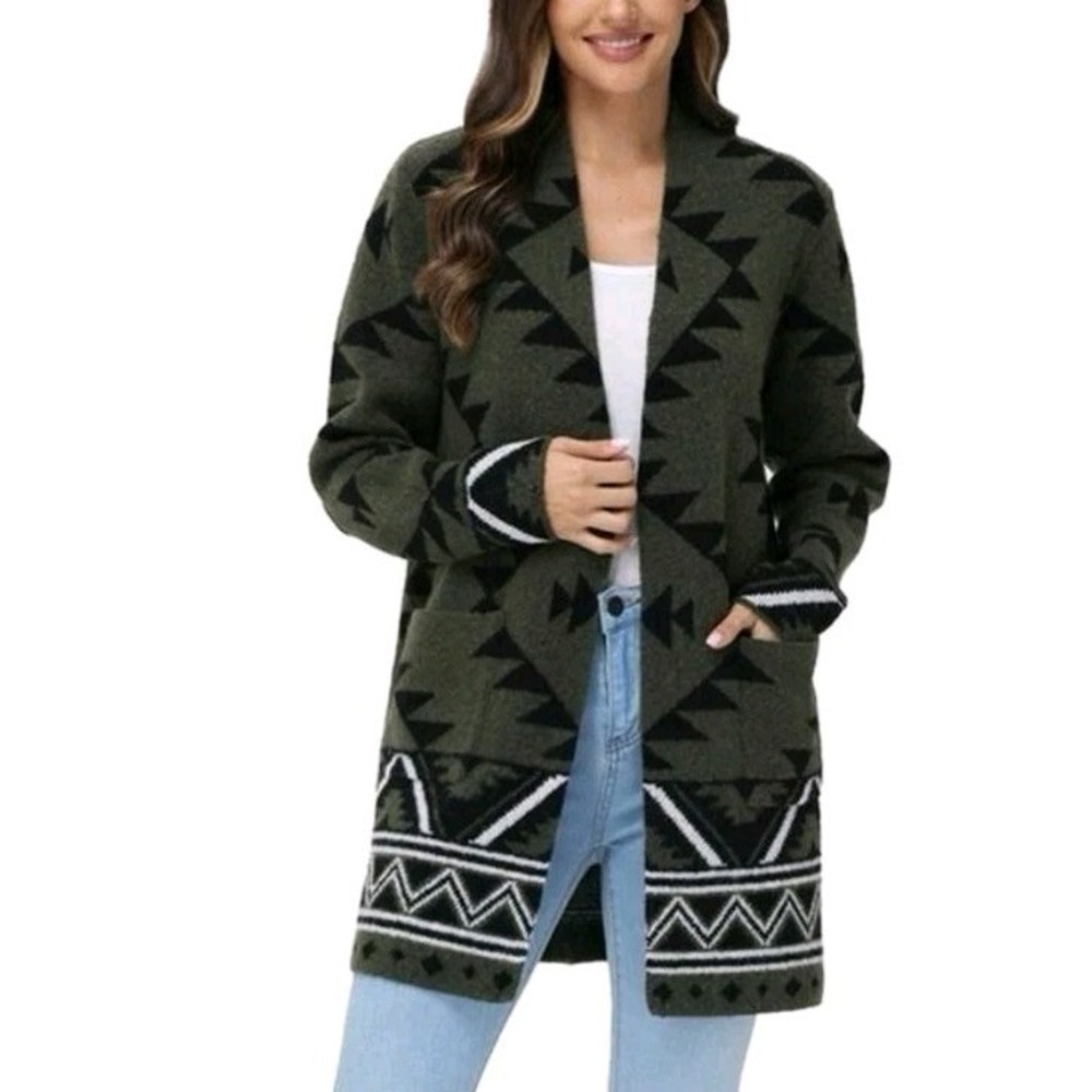 Frye Women Olive Green Southwestern Geometric Open Front Cardigan Sweater Medium